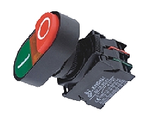 Маркированная кнопка «Пуск-стоп» с одним зеленым потайным толкателем и одним красным выступающим толкателем, со светодиодной подсветкой