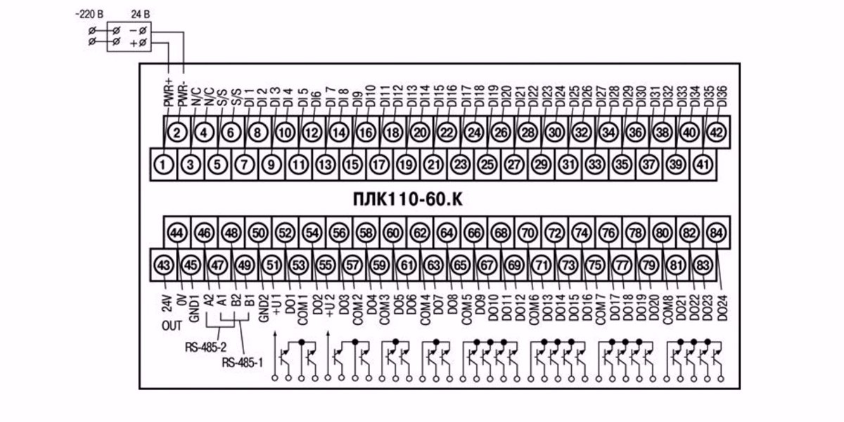 Схема подключения ПЛК110-24.60.K